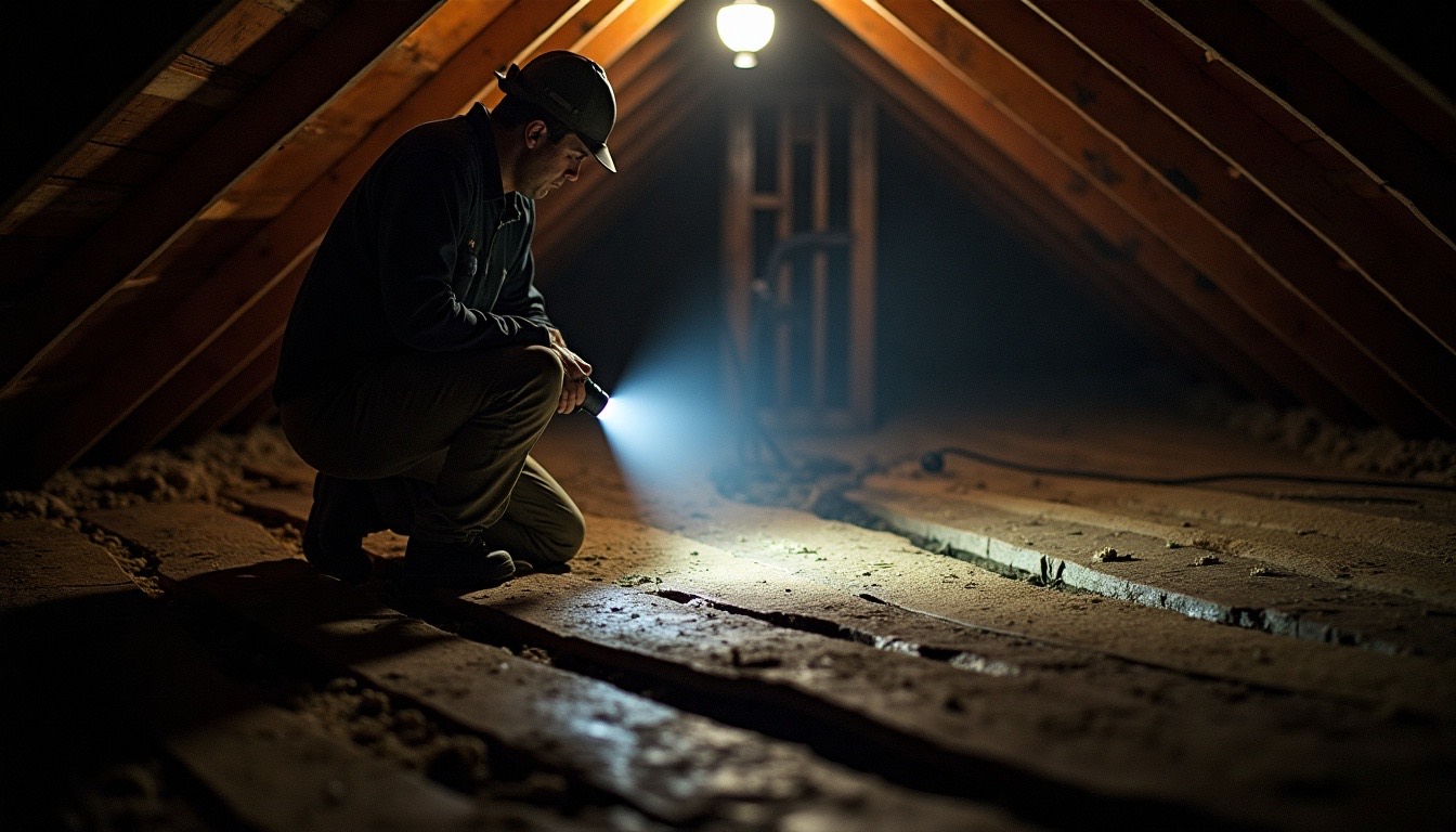 roofer in a dim attic shining a flashlight on a dark water trail running down roof decking toward a nail, realistic