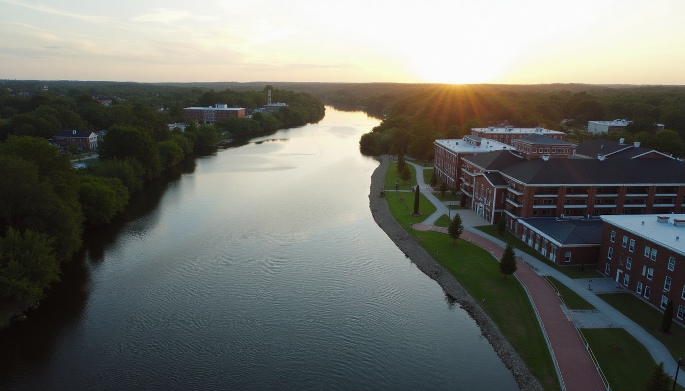 Black Warrior River with the Tuscaloosa riverwalk and downtown rooftops in the distance, late afternoon, realistic