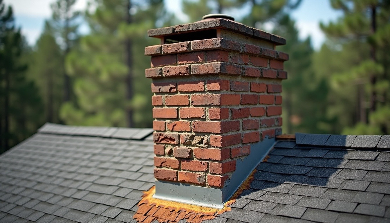 old brick chimney on an asphalt shingle roof with rusted step flashing and cracked mortar, mid-century ranch, Alabama, realistic
