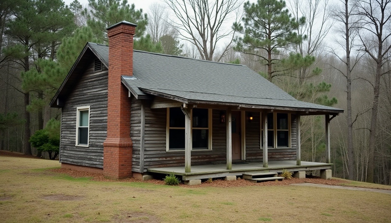 older wood-sided Alabama home with a brick chimney and shingle roof on a sloped lot, pines behind