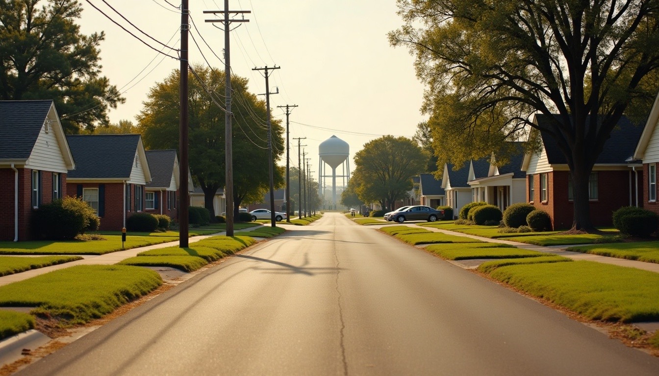 small-town Alabama street with modest brick and vinyl homes, shingle roofs, water tower in the distance