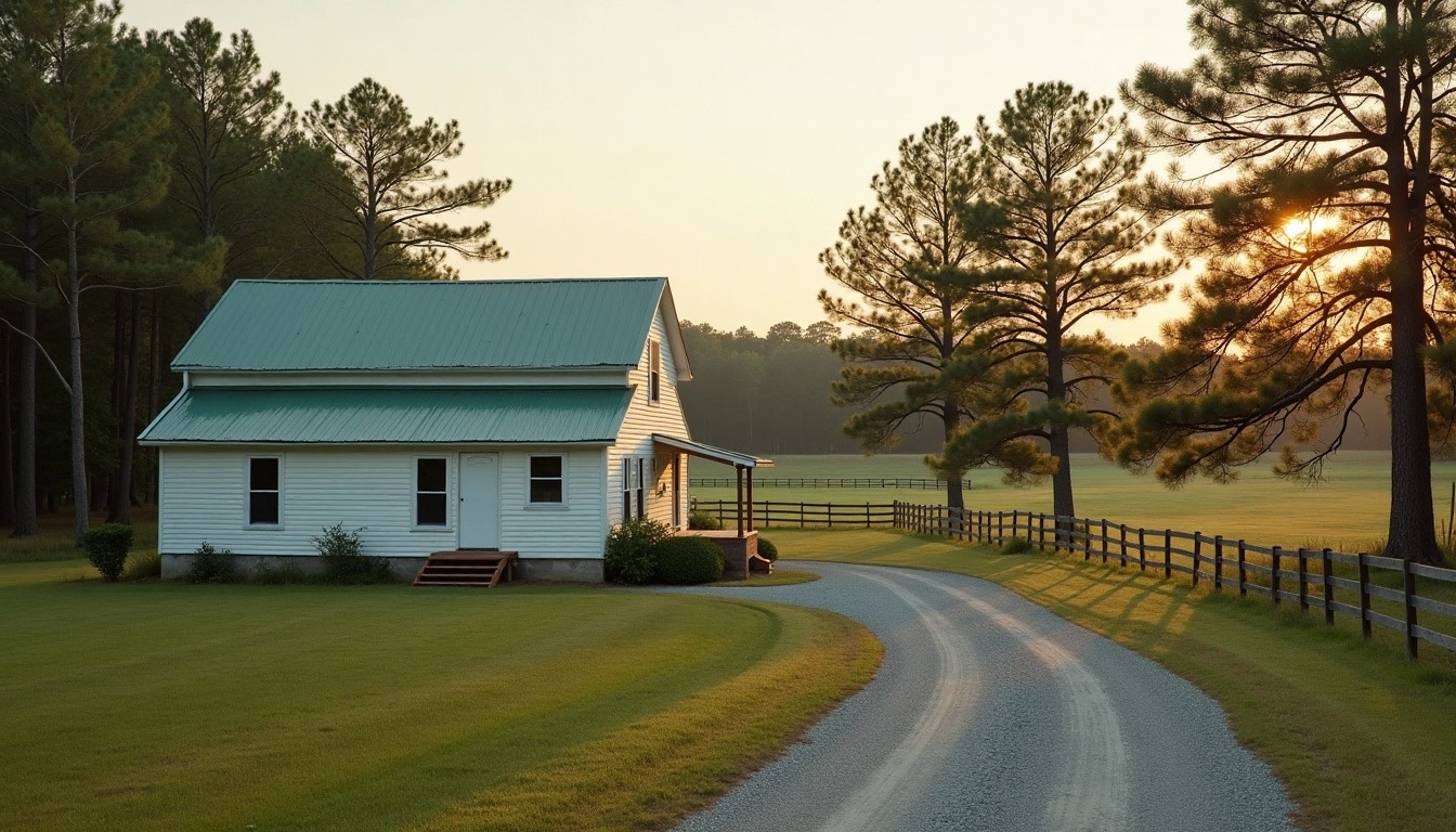 white farmhouse with a green standing-seam metal roof and a long gravel drive, pasture and pines, west Alabama