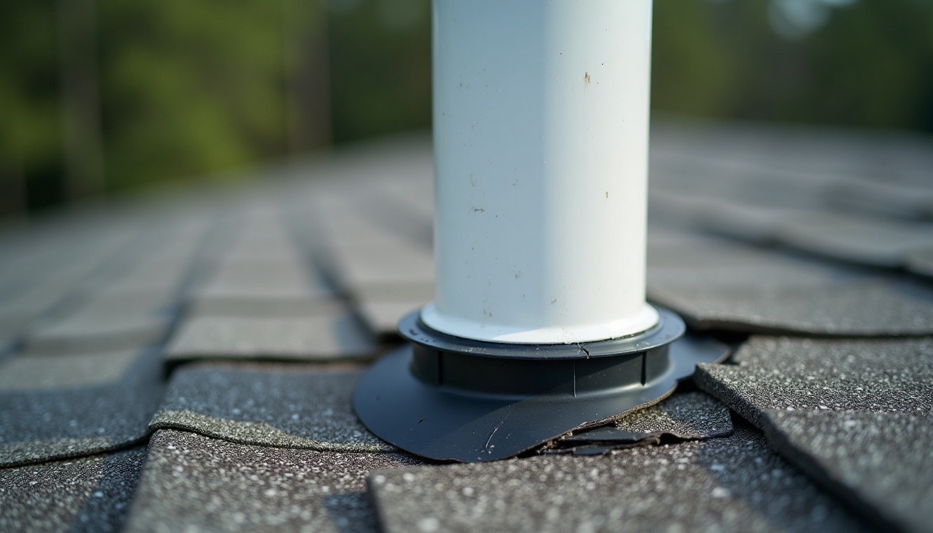 close-up of a sun-cracked rubber pipe boot around a plumbing vent on a weathered asphalt shingle roof, realistic