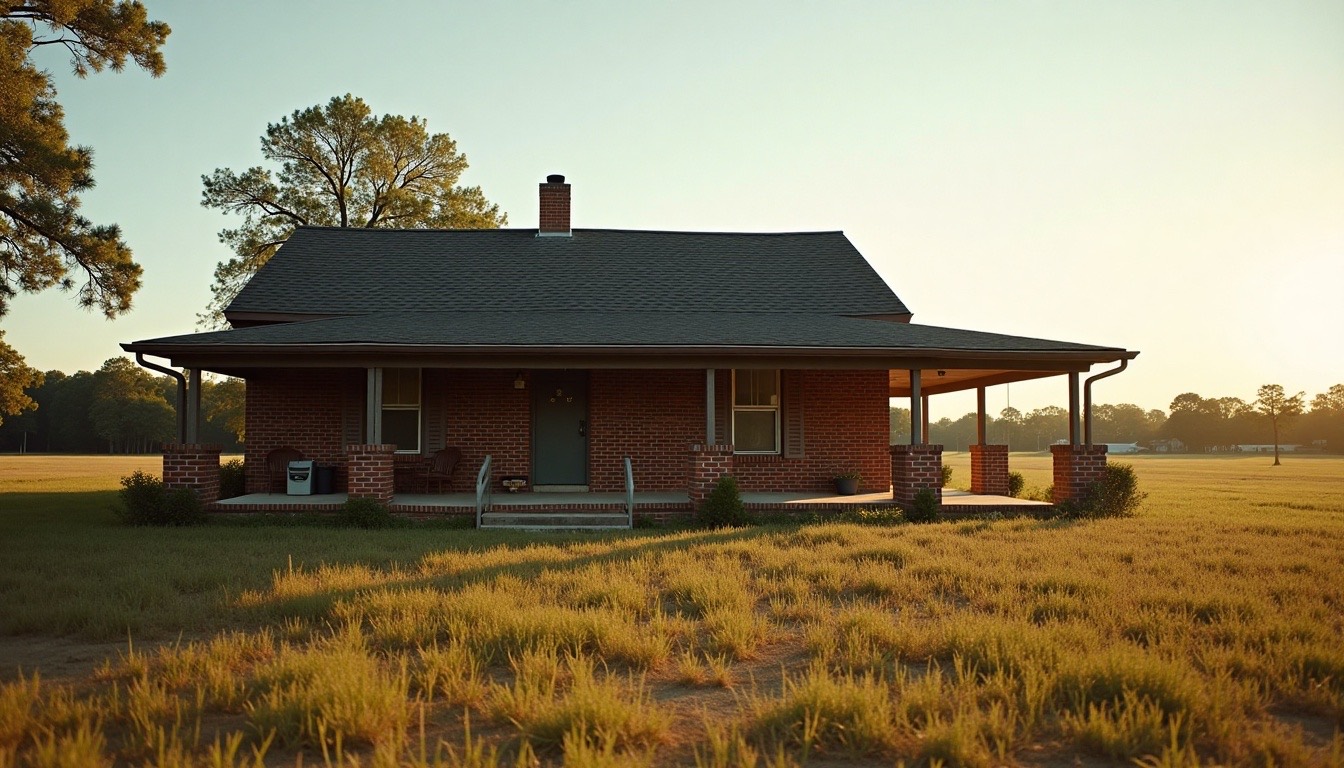 brick rural Alabama home with a low-pitch shingle roof, carport and open field, late afternoon