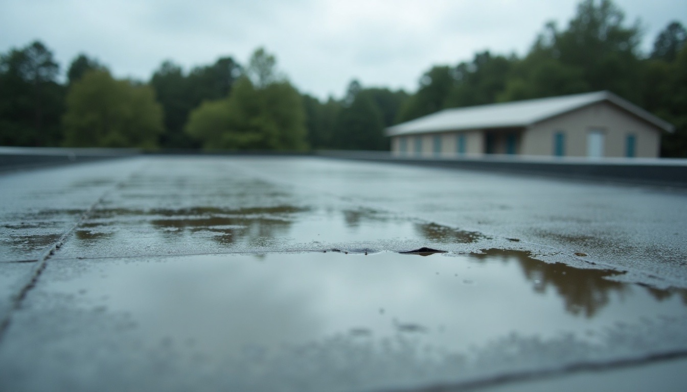 shallow standing water pooled near a seam on a low-slope flat roof after rain, overcast, Alabama
