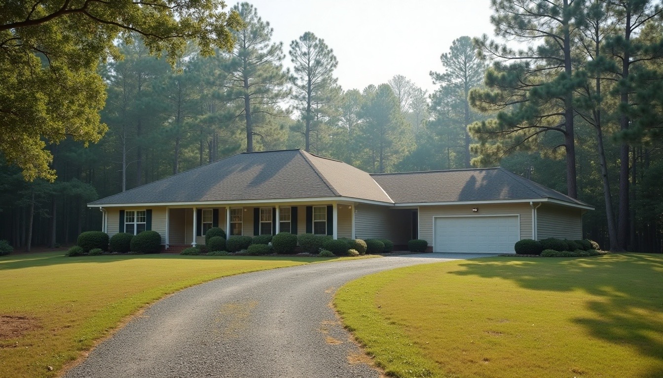 single-story rural Alabama home with a shingle roof on a large lot edged by pines, gravel drive