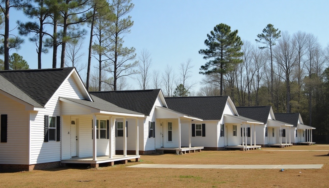 row of modest 2010s-built vinyl-sided homes with architectural shingle roofs on a flat lot, east Tuscaloosa County Alabama