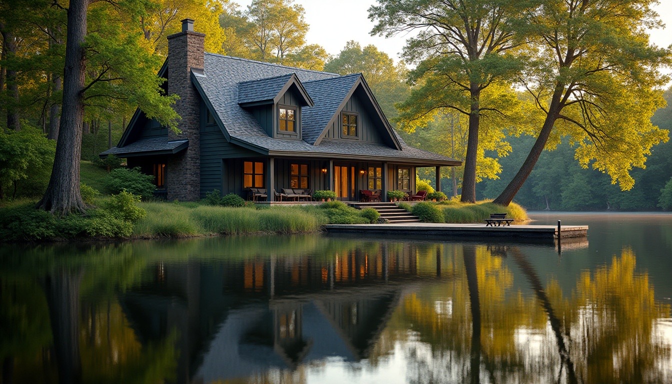 lakeside Alabama home with a steep shingle roof and dock, trees reflected in the water, afternoon