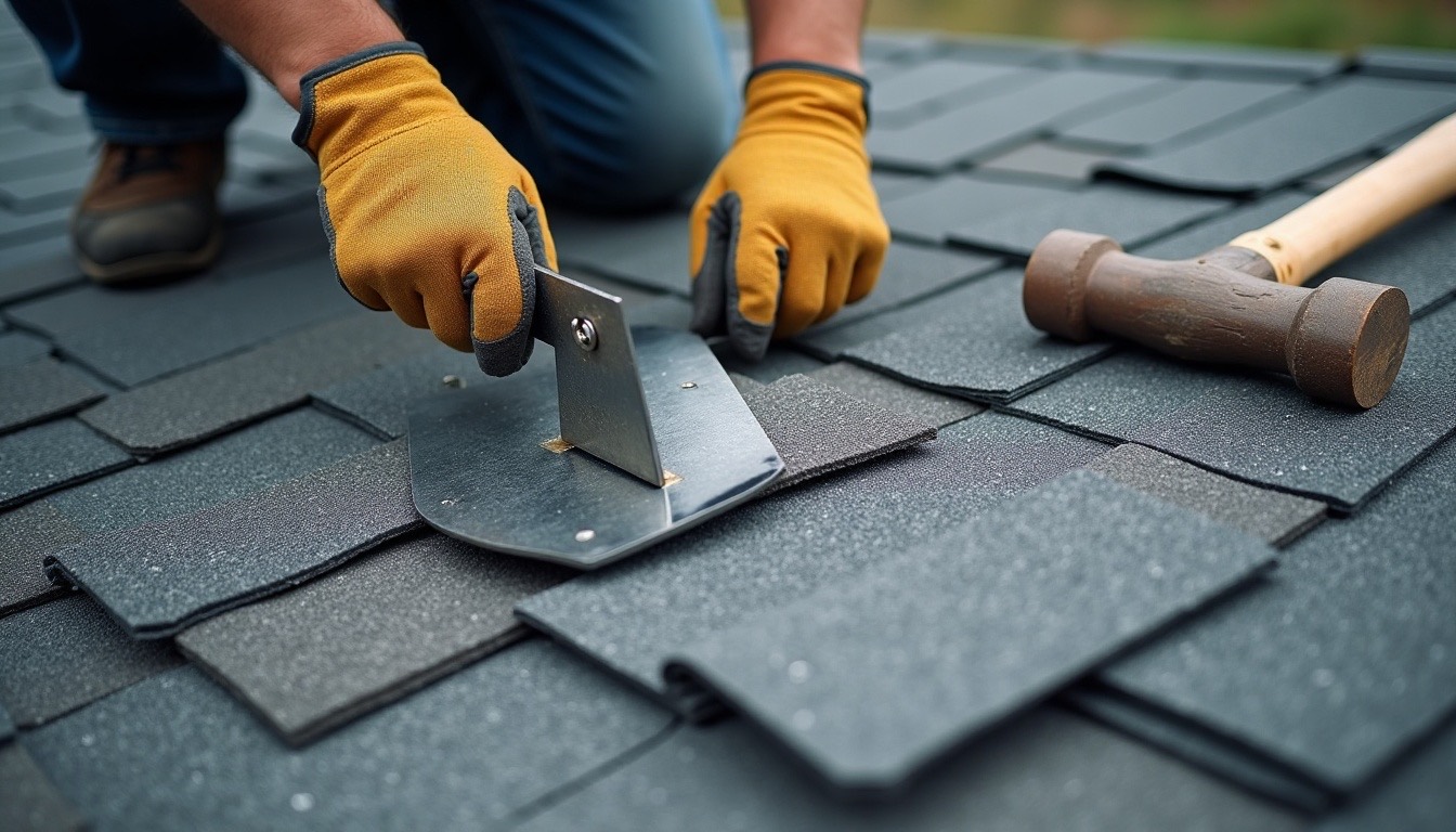 roofer's gloved hands fitting a piece of sheet-metal flashing under lifted asphalt shingles, with a roofing hammer and loose shingles beside it