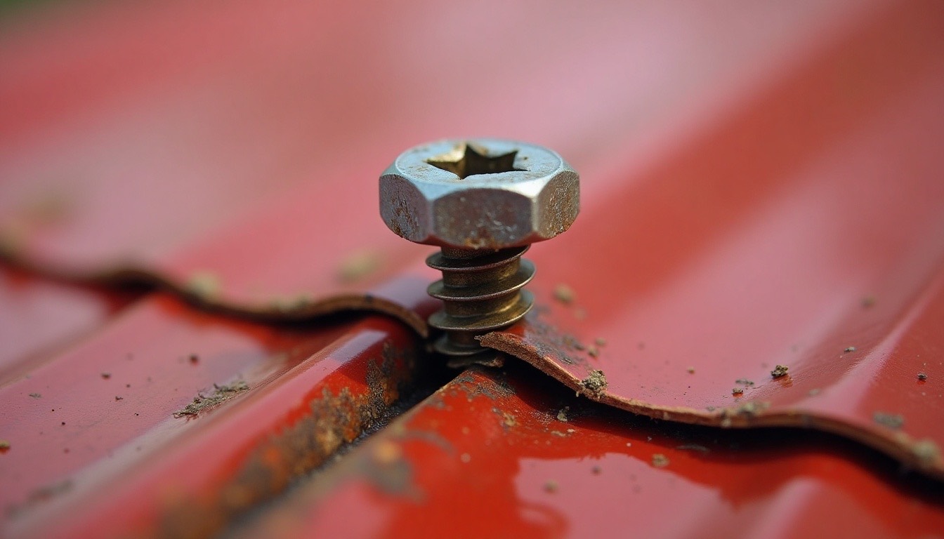close-up of a backed-out screw with a split rubber washer on a red metal roof panel, rust streak, Alabama