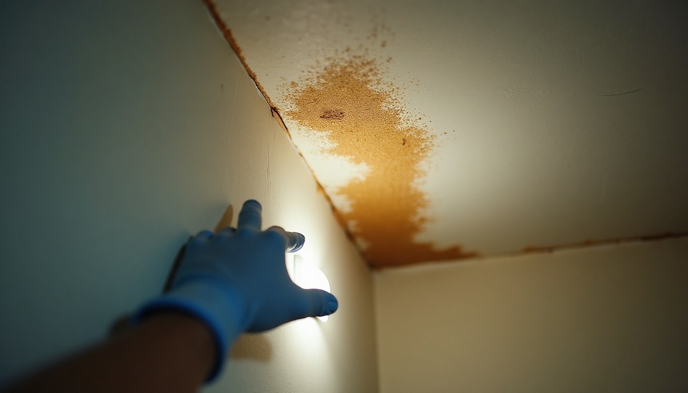gloved hand touching a damp brown stain on a drywall ceiling near a wall corner, flashlight beam on the spot, Alabama home interior