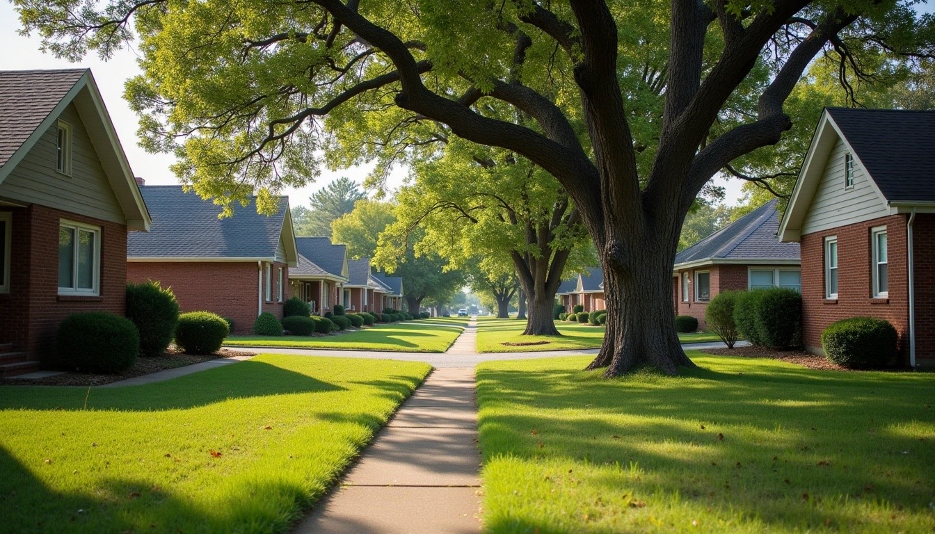 small-town Alabama residential street with older wood-sided and brick homes, shingle roofs, magnolia tree, afternoon