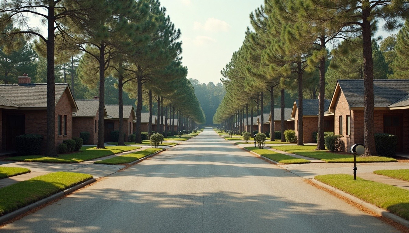 quiet Northport Alabama street of 1970s brick ranch homes with asphalt shingle roofs, pines, afternoon light