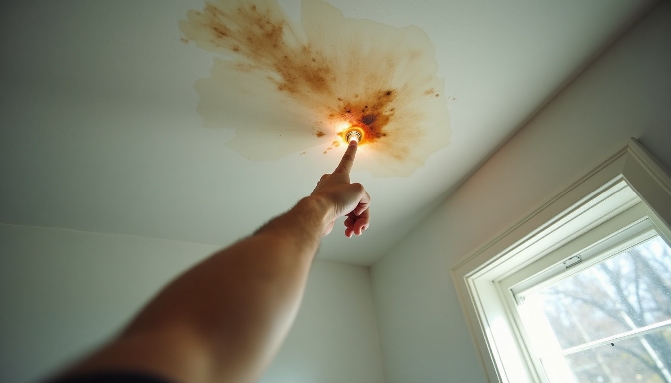 a hand pointing at a brown water stain spreading across a bedroom ceiling, lit by a flashlight
