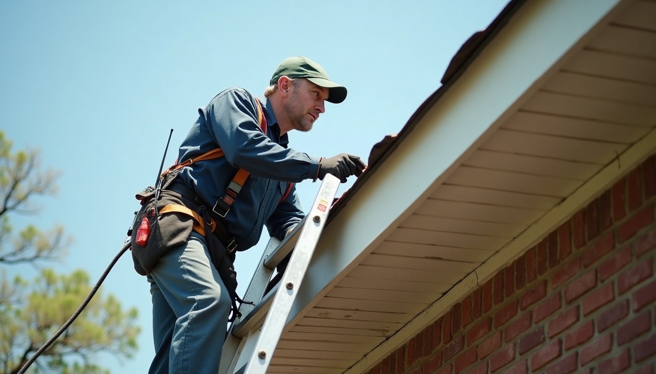 roofer on an extension ladder at the eave inspecting the shingle edge and gutter of a brick home, clear sky