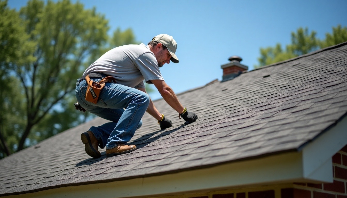 roofer walking a shingle roof ridge and checking a ridge vent by hand, older Tuscaloosa Alabama home, clear sky