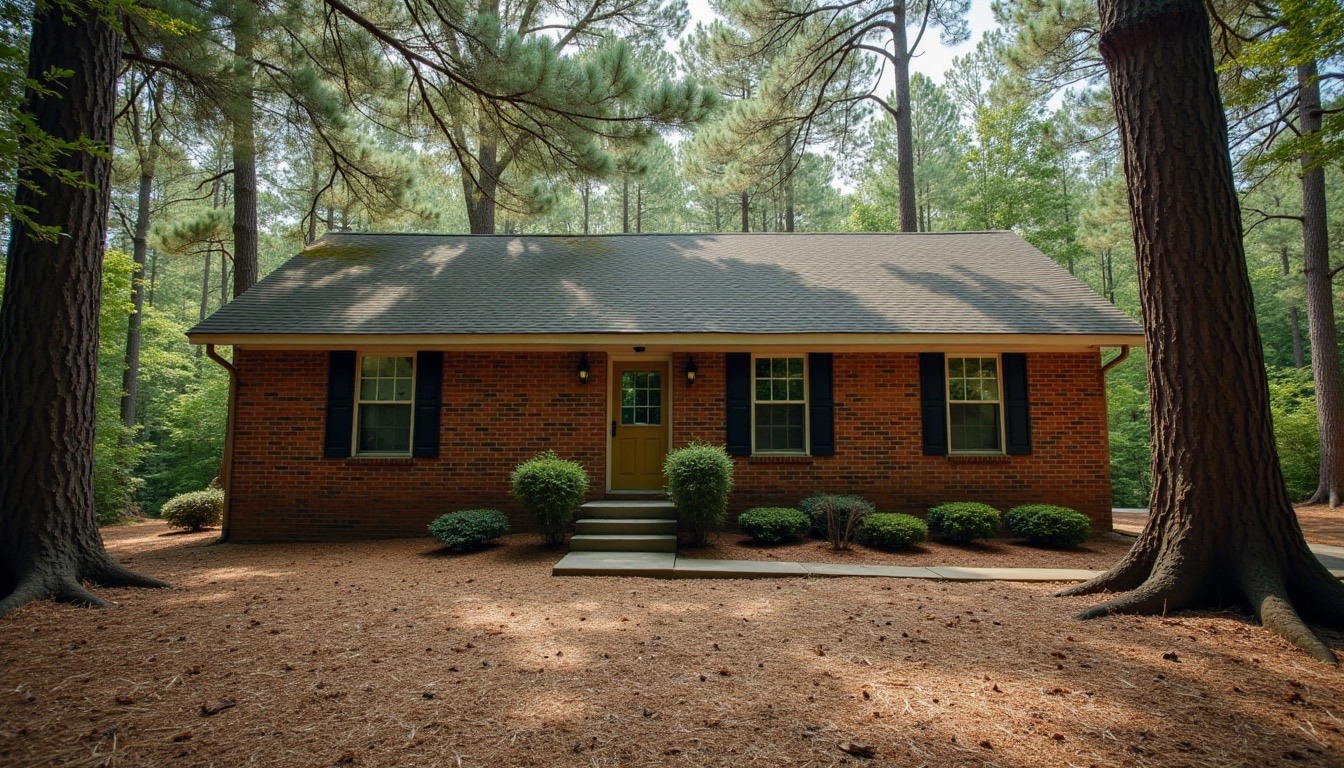 brick home under tall pines and oaks with pine needles on a shaded shingle roof, rural north Alabama lot
