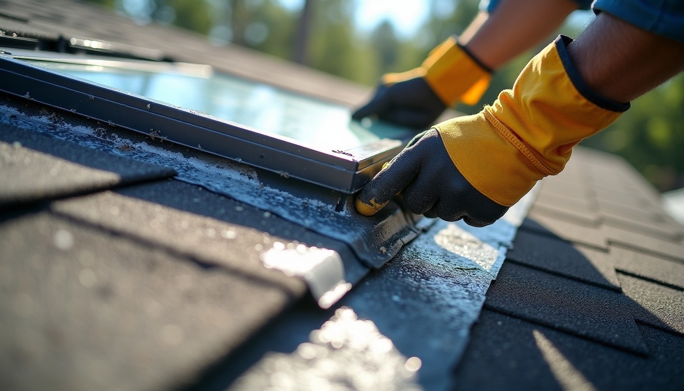 roofer applying new sealant and flashing around a skylight curb on a shingle roof, sunny day