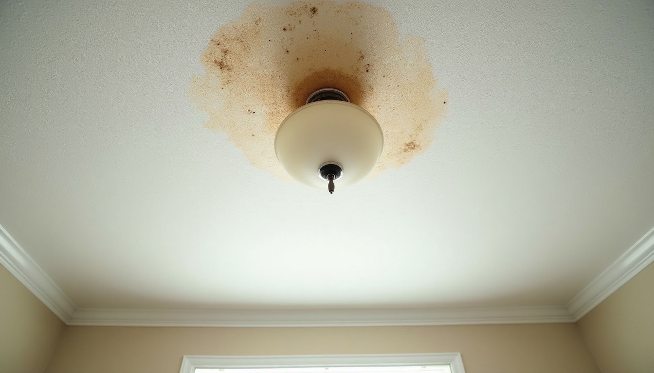 brown water ring stain spreading across a white textured ceiling beside a ceiling light, lived-in Alabama living room, daylight, realistic