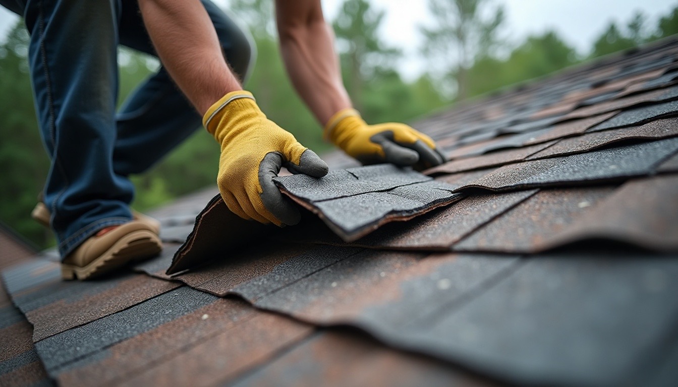 roofer's gloved hands sliding a new architectural shingle into a roof valley, old shingles beside, Alabama