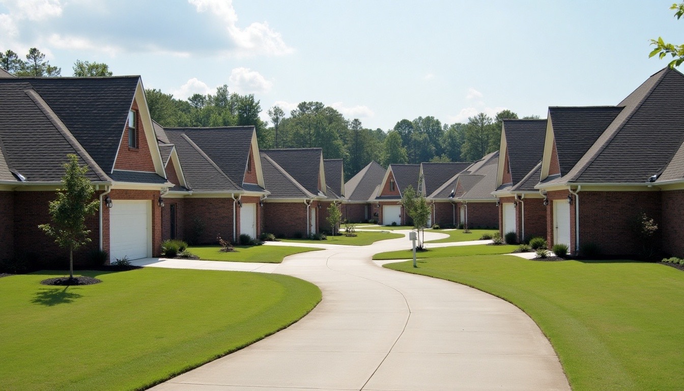 2000s-built brick and vinyl subdivision homes with steep architectural shingle roofs, east Tuscaloosa County Alabama, clear sky