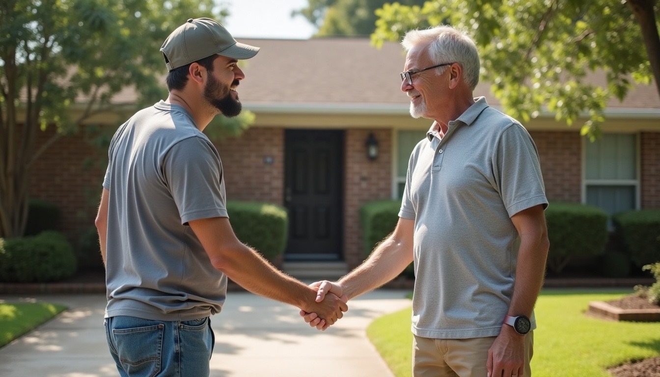 roofer and homeowner shaking hands in a driveway in front of a brick ranch home, Alabama afternoon